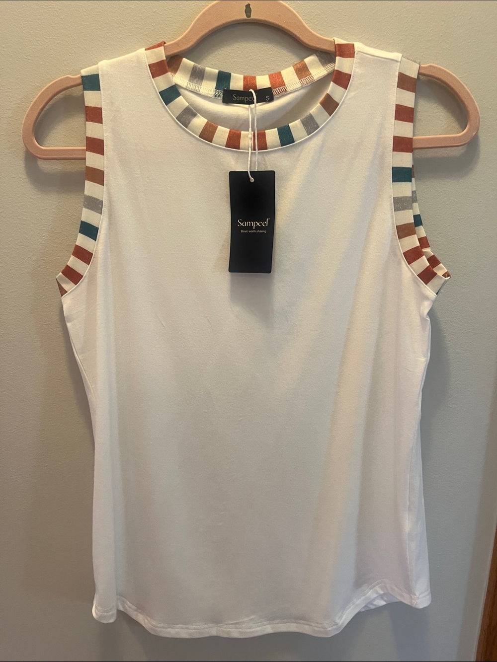 Sempcel White Sleeveless Tank with Multicolor Stripe Trim